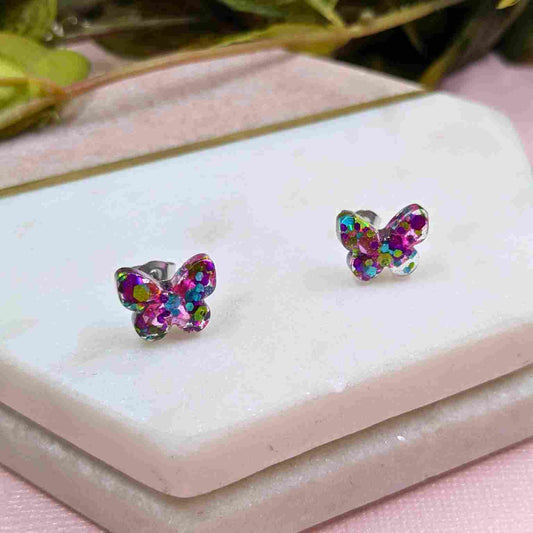 Annabella Multi Glitter Butterfly Stud Earrings - Handmade UK