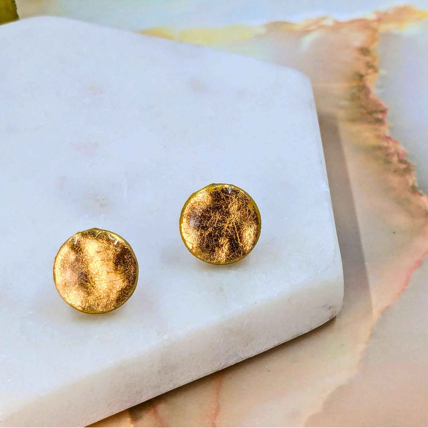 Annalise Gold Faux Hammered Polymer Clay Stud Earrings | Handmade Minimalist Glam Jewellery