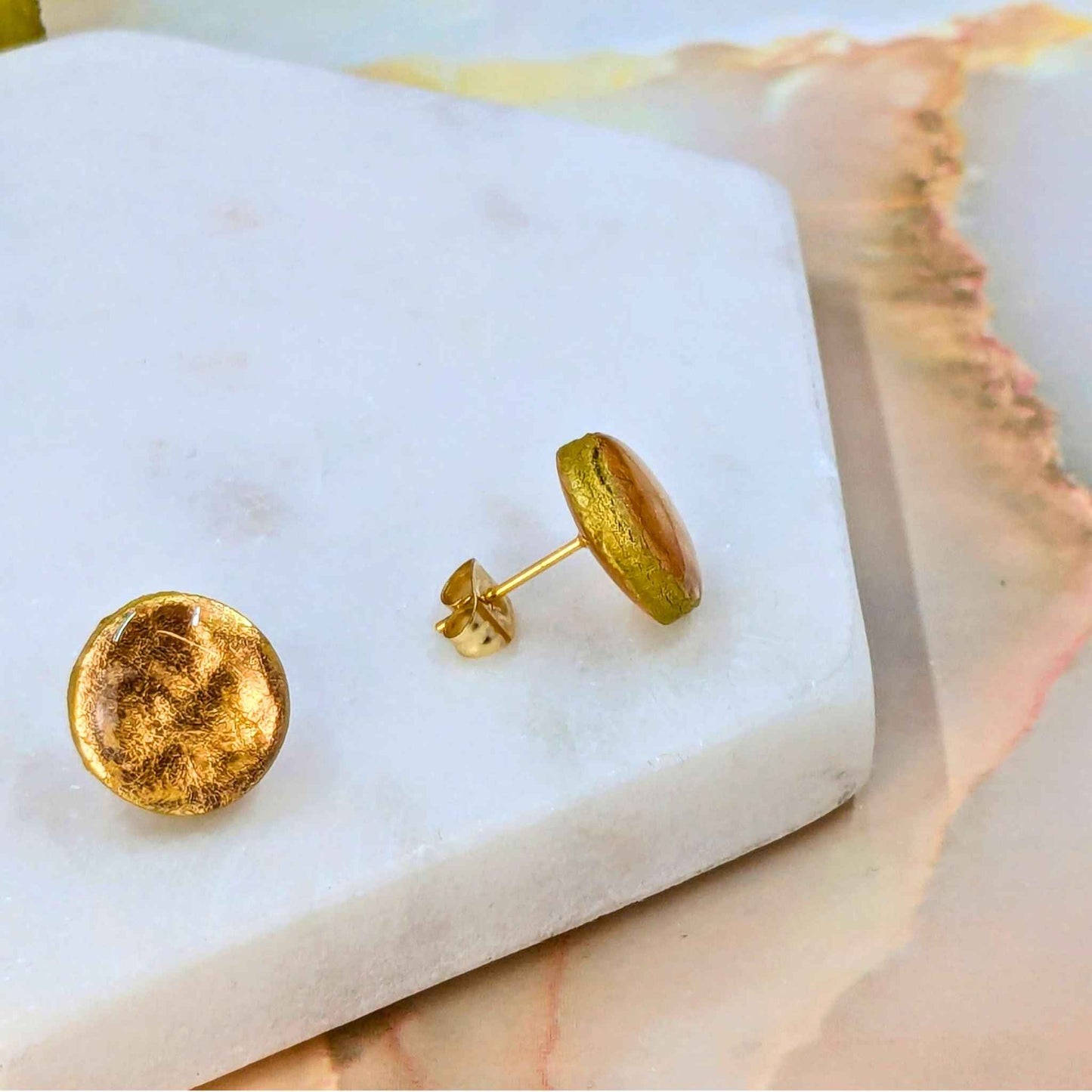 Annalise Gold Faux Hammered Polymer Clay Stud Earrings | Handmade Minimalist Glam Jewellery