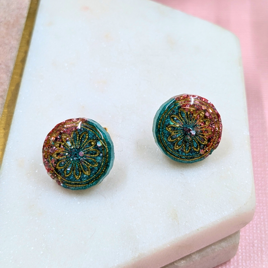Anya Aqua Glitter & Pink Moroccan Floral Studs | Part of the Floral Moroccan Range by Created By Lau