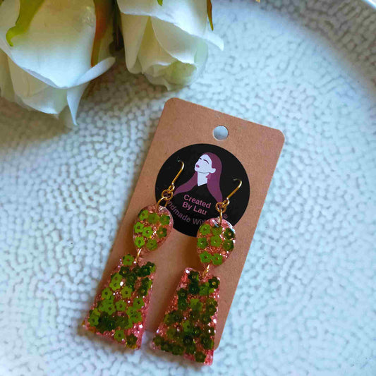 "Aria" Green Flower and Pink Glitter Resin Dangle Earrings
