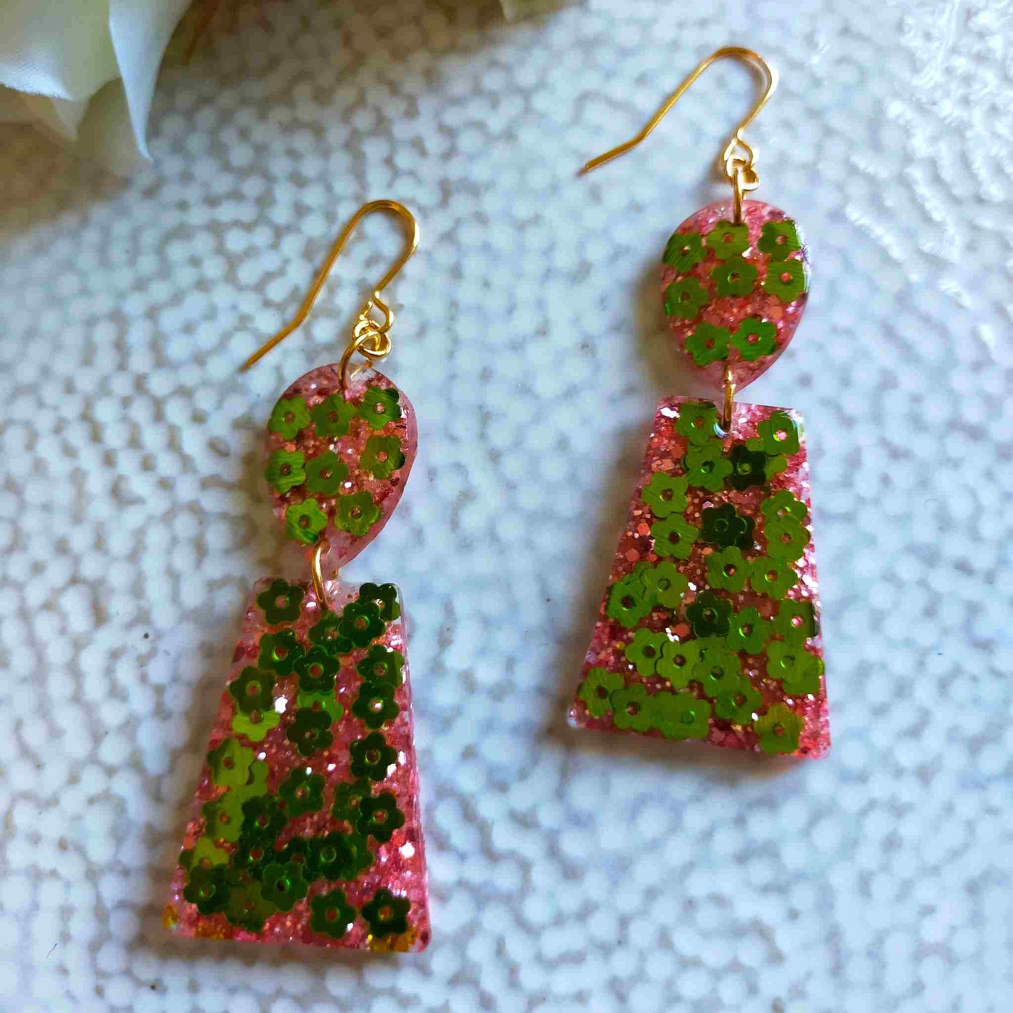 "Aria" Green Flower and Pink Glitter Resin Dangle Earrings