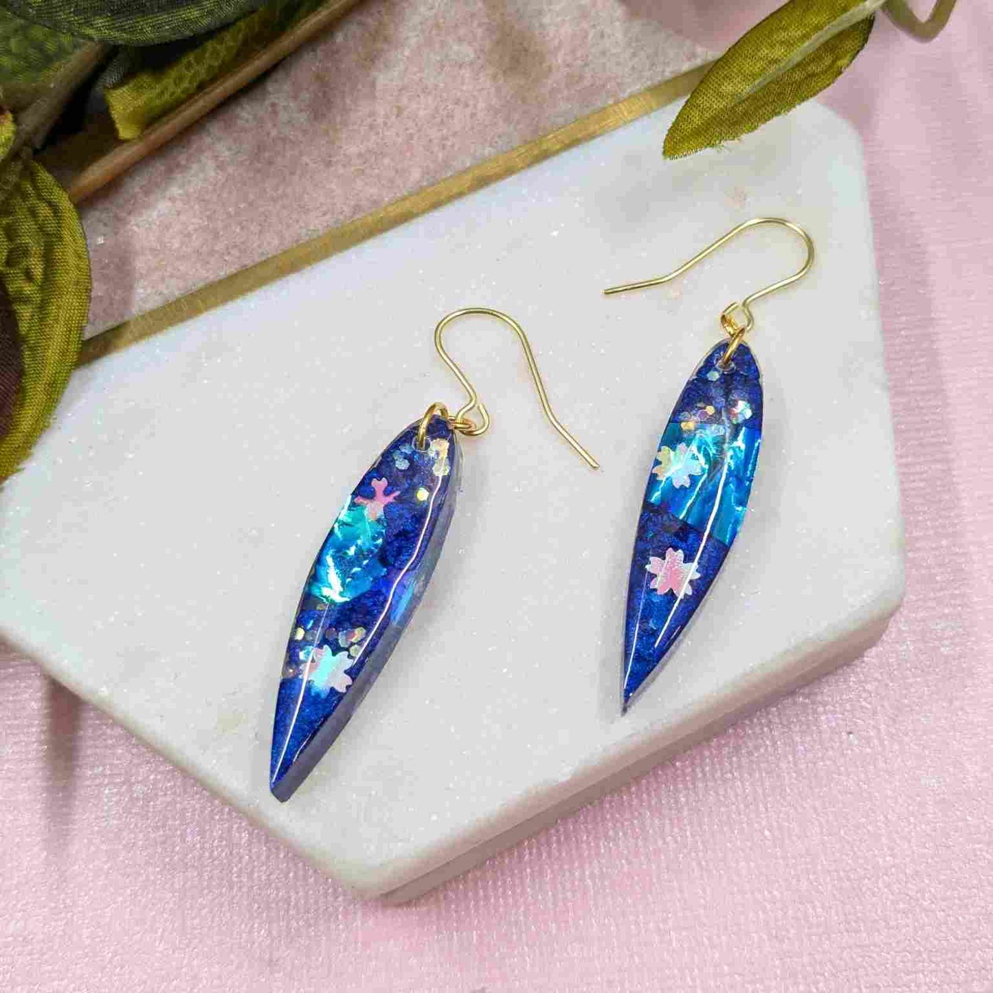 Aurelia Blue Flower Iridescent Dangle Earrings - Handmade Floral UK Jewellery