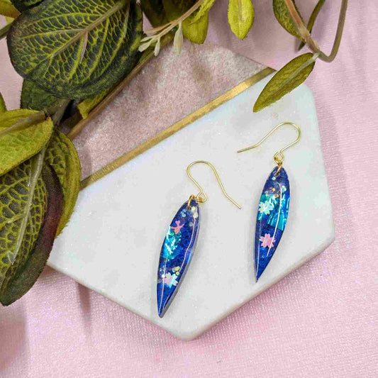 Aurelia Blue Flower Iridescent Dangle Earrings - Handmade Floral UK Jewellery