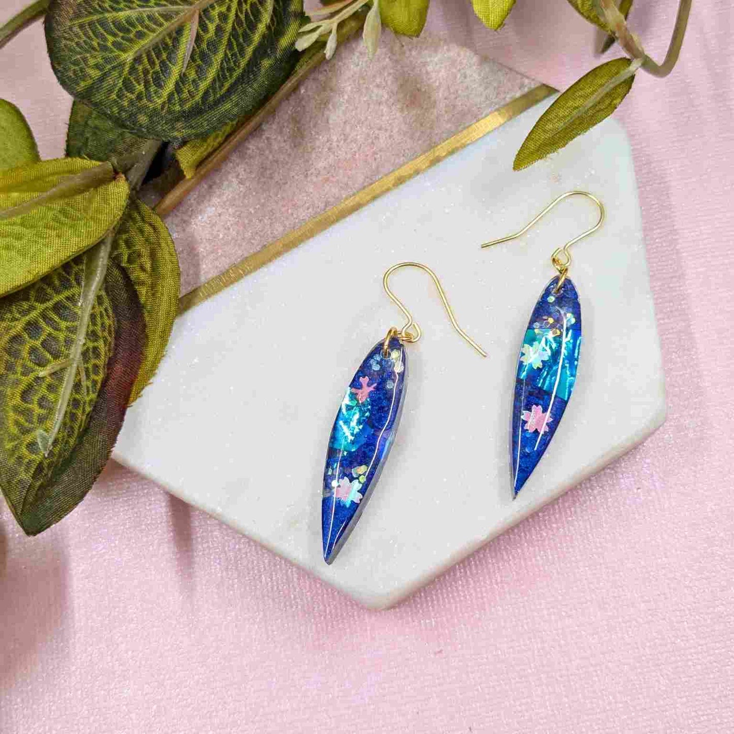 Aurelia Blue Flower Iridescent Dangle Earrings - Handmade Floral UK Jewellery