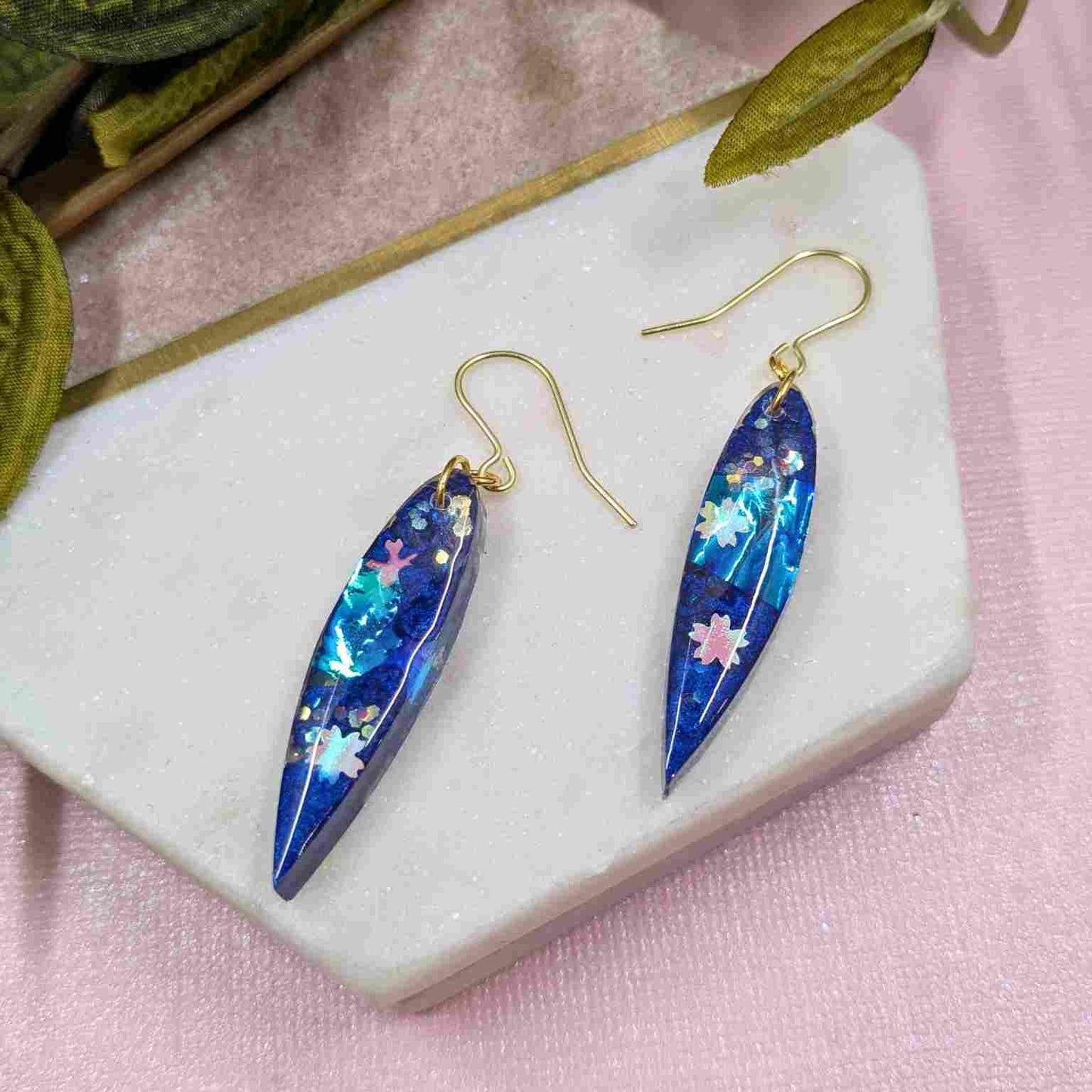 Aurelia Blue Flower Iridescent Dangle Earrings - Handmade Floral UK Jewellery