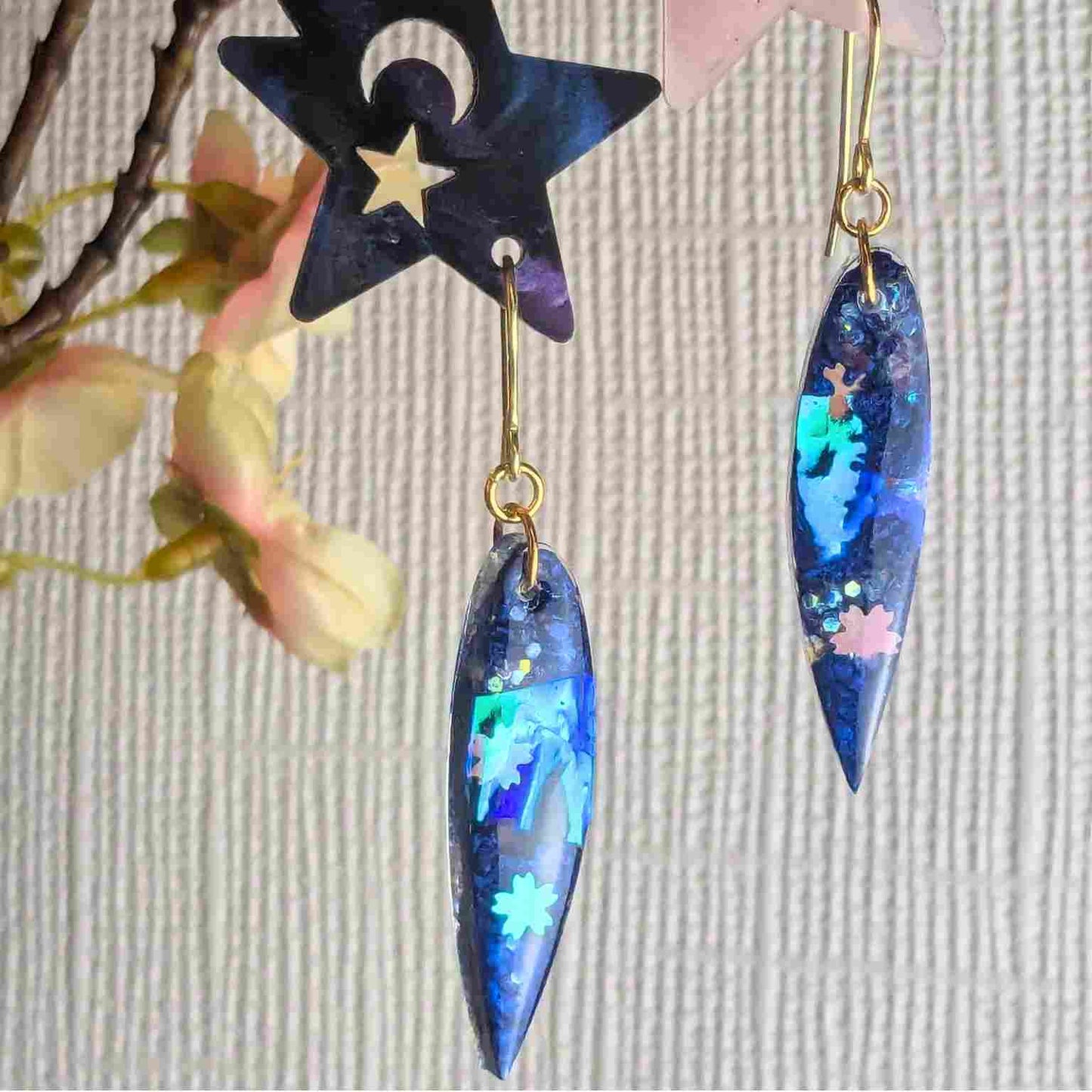 Aurelia Blue Flower Iridescent Dangle Earrings - Handmade Floral UK Jewellery