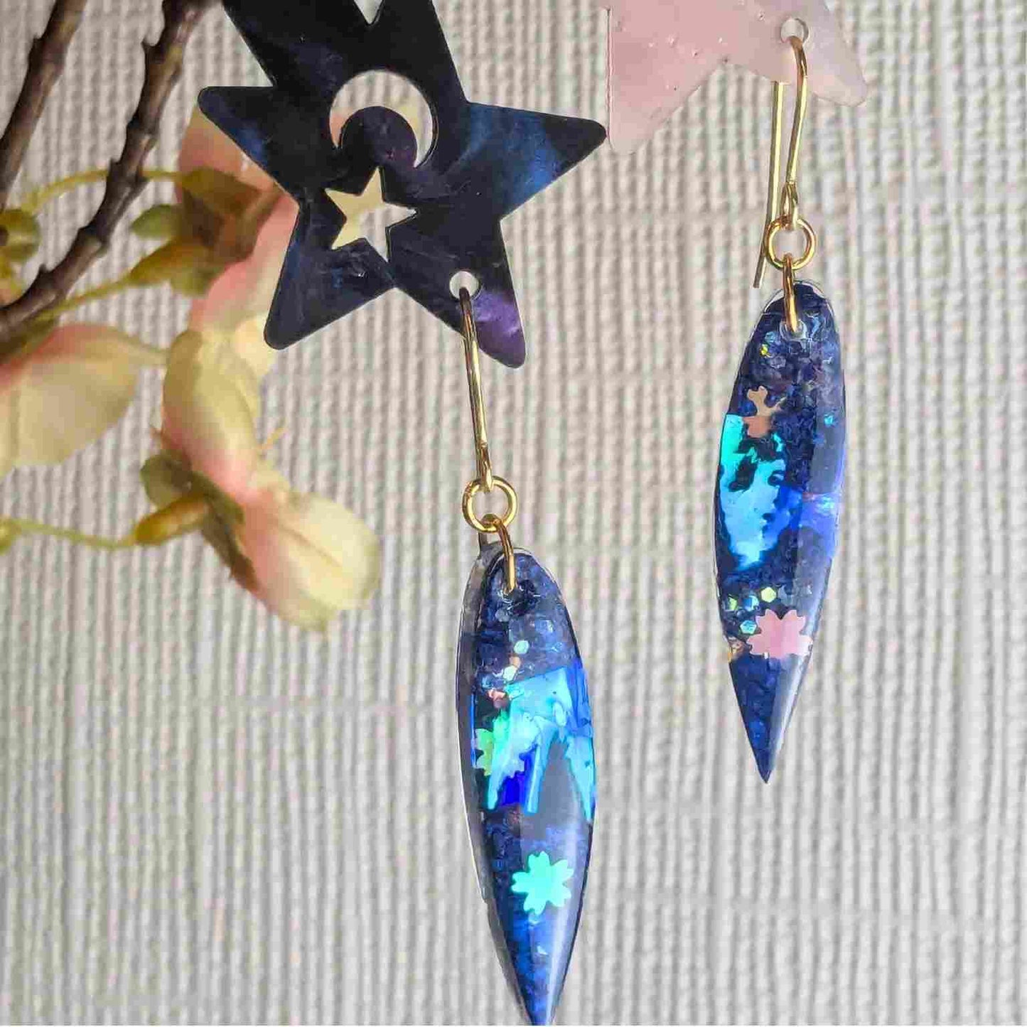 Aurelia Blue Flower Iridescent Dangle Earrings - Handmade Floral UK Jewellery