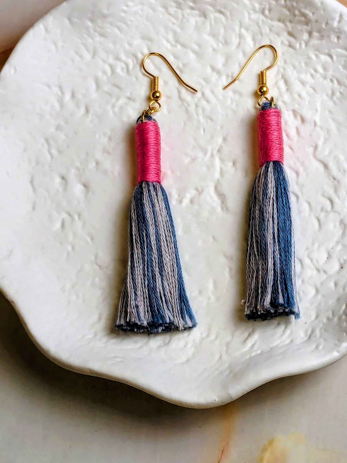 "Aurora" Blue Mix with Pink Contrast Wrap Tassel Earrings