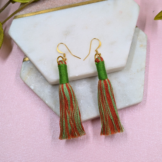 "Aurora" Leaf Green & Burnt Orange with Leaf Green Contrast Wrap Tassel Earrings