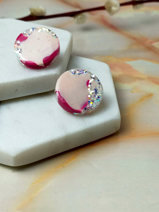 "Bailey" Pink Glitter Circle Resin Clip On Earrings