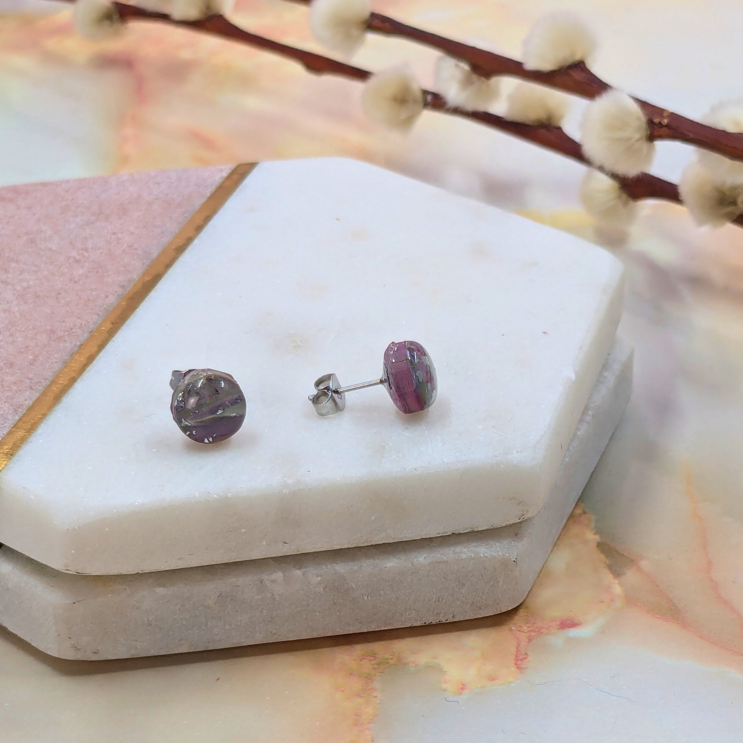 Becca Marble Effect Polymer Clay Tiny Studs | Handmade Minimalist Earrings