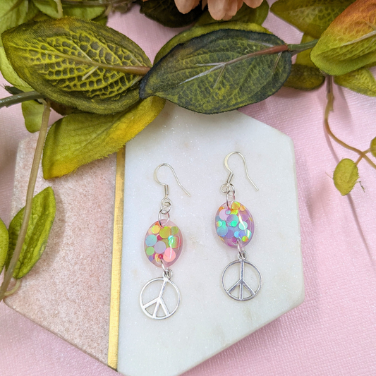 Bex Multi Coloured Dottie Glitter Oval & Silver Peace Sign Earrings | Festival Collection by Created By Lau