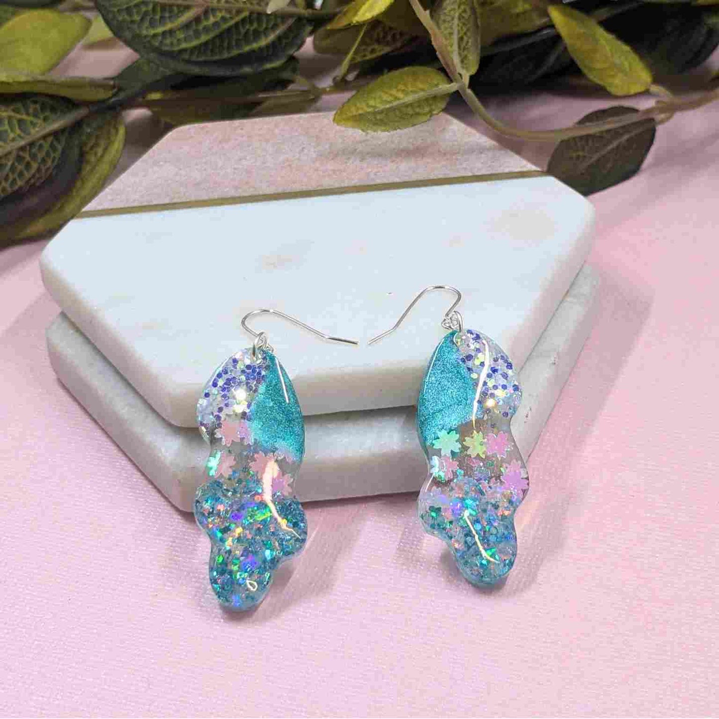 Billie Aqua Glitter Wavy Dangle Earrings - Handmade Silver UK Jewellery