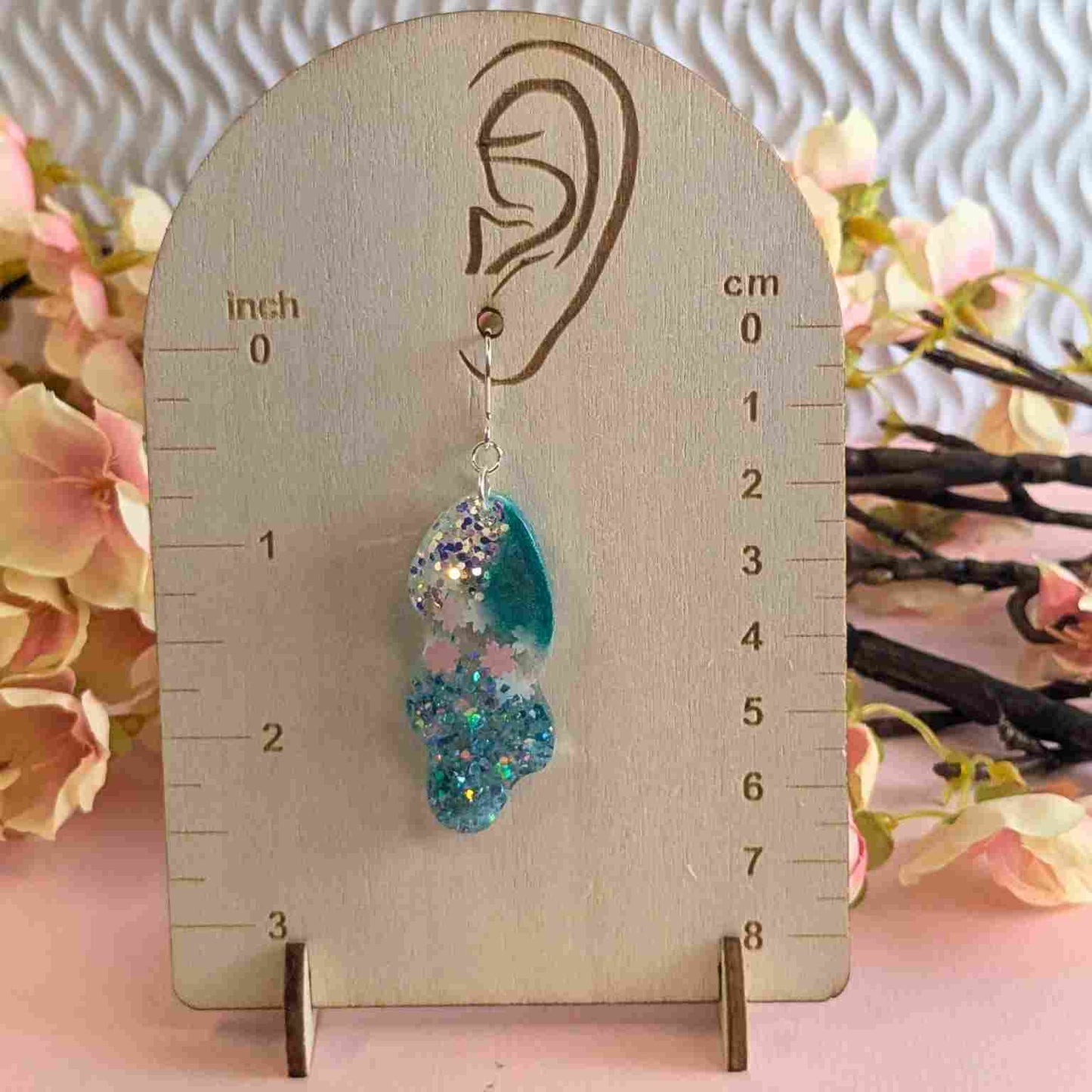 Billie Aqua Glitter Wavy Dangle Earrings - Handmade Silver UK Jewellery