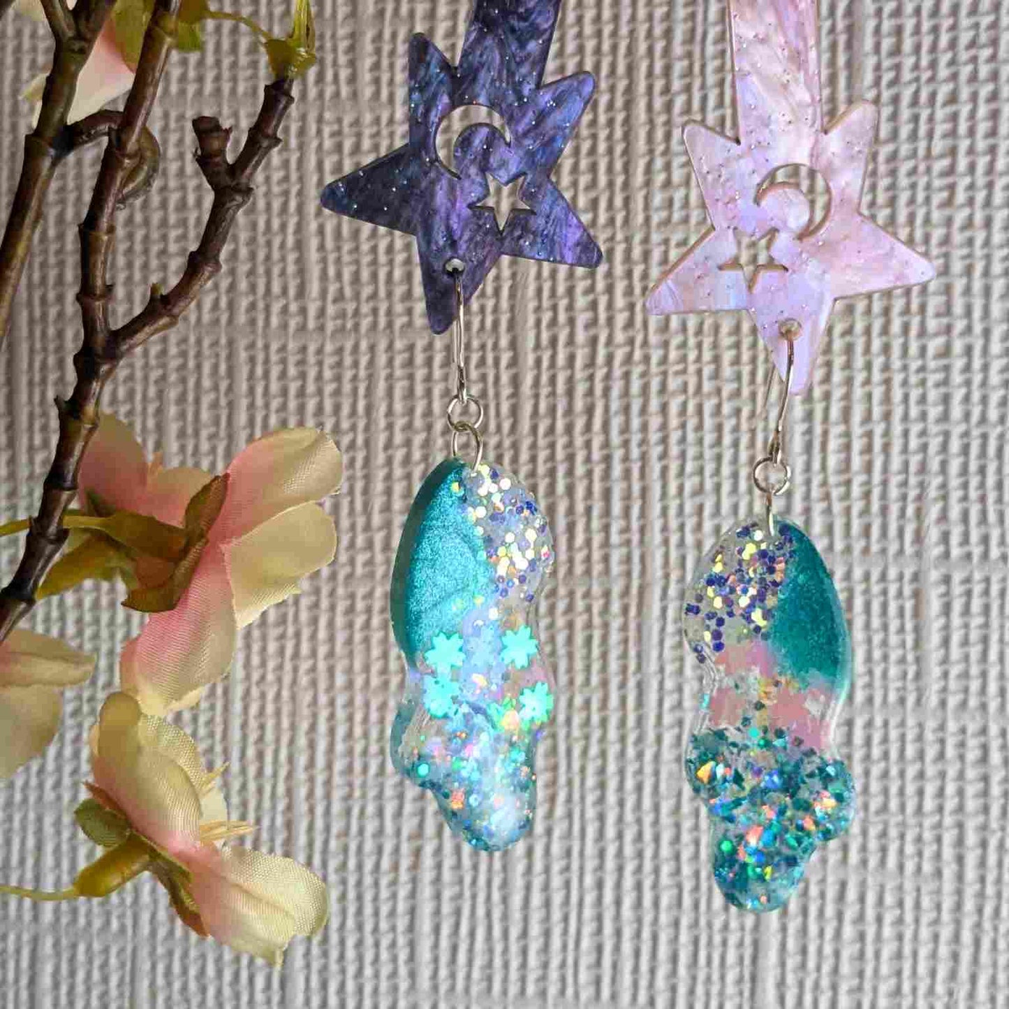 Billie Aqua Glitter Wavy Dangle Earrings - Handmade Silver UK Jewellery