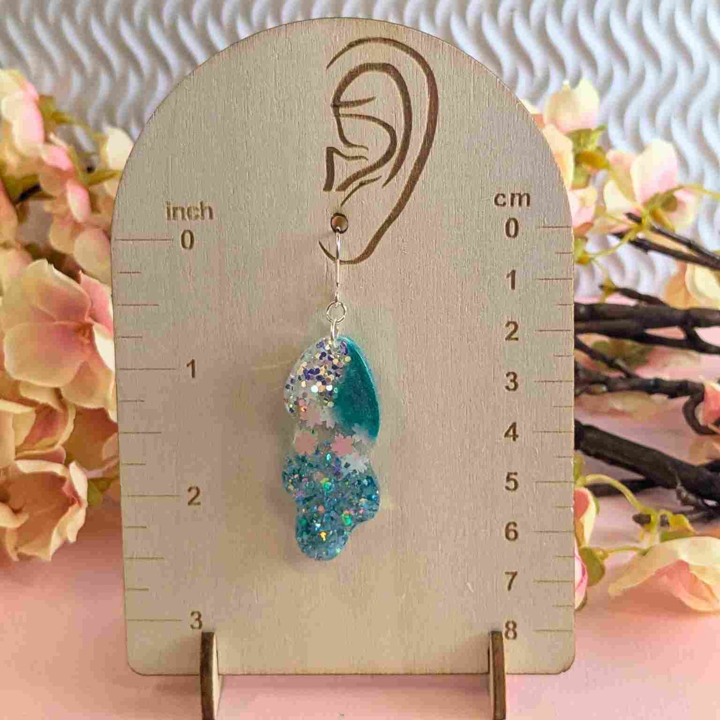 Billie Aqua Glitter Wavy Dangle Earrings - Handmade Silver UK Jewellery