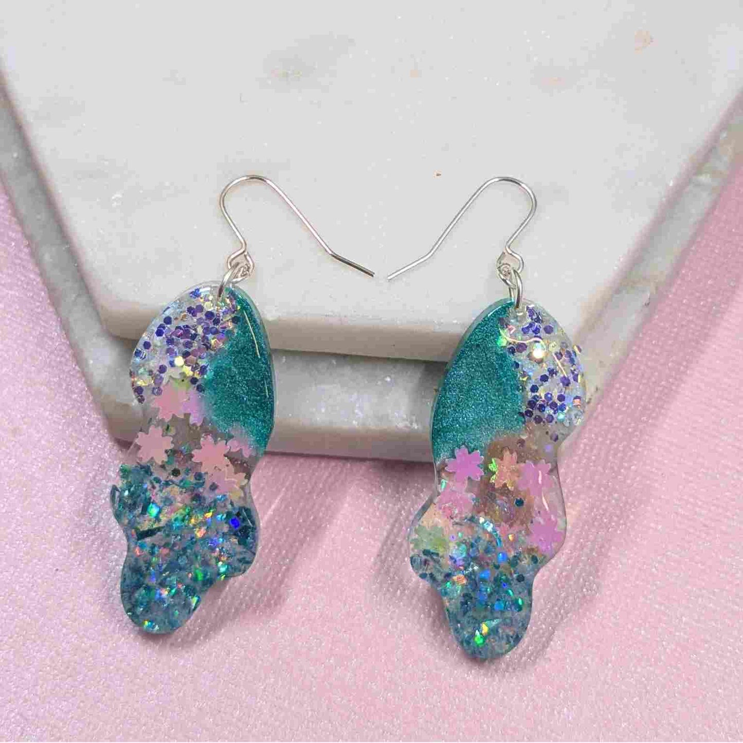 Billie Aqua Glitter Wavy Dangle Earrings - Handmade Silver UK Jewellery