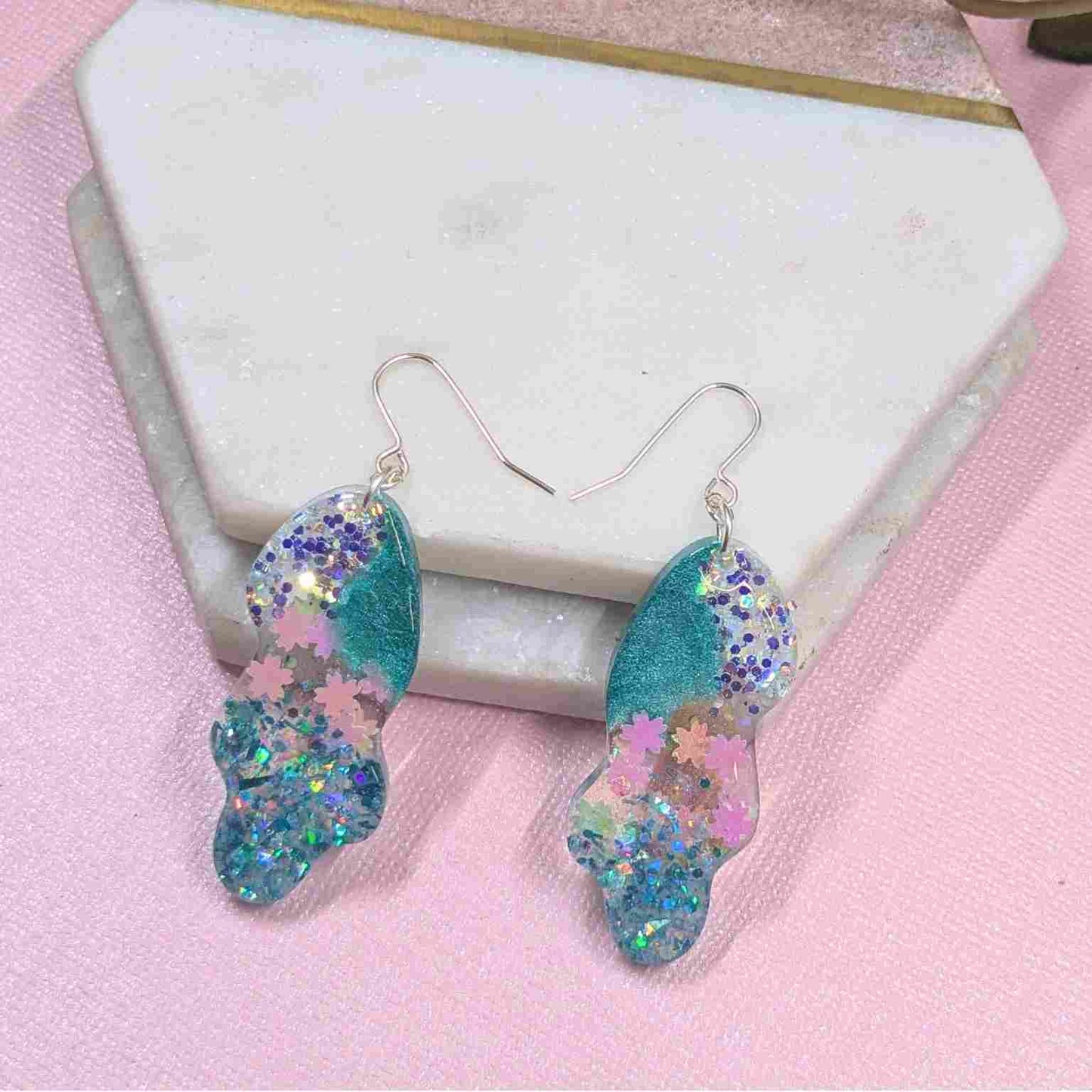 Billie Aqua Glitter Wavy Dangle Earrings - Handmade Silver UK Jewellery