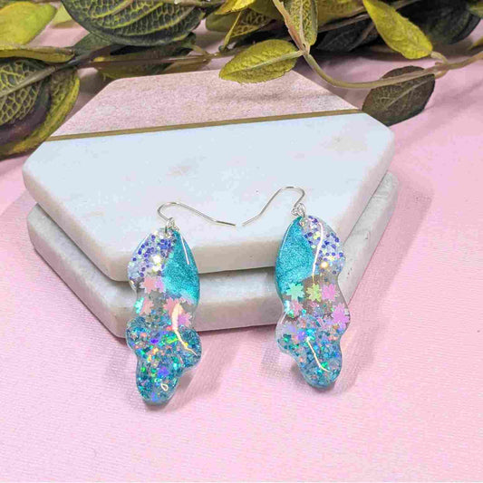 Billie Aqua Glitter Wavy Dangle Earrings - Handmade Silver UK Jewellery
