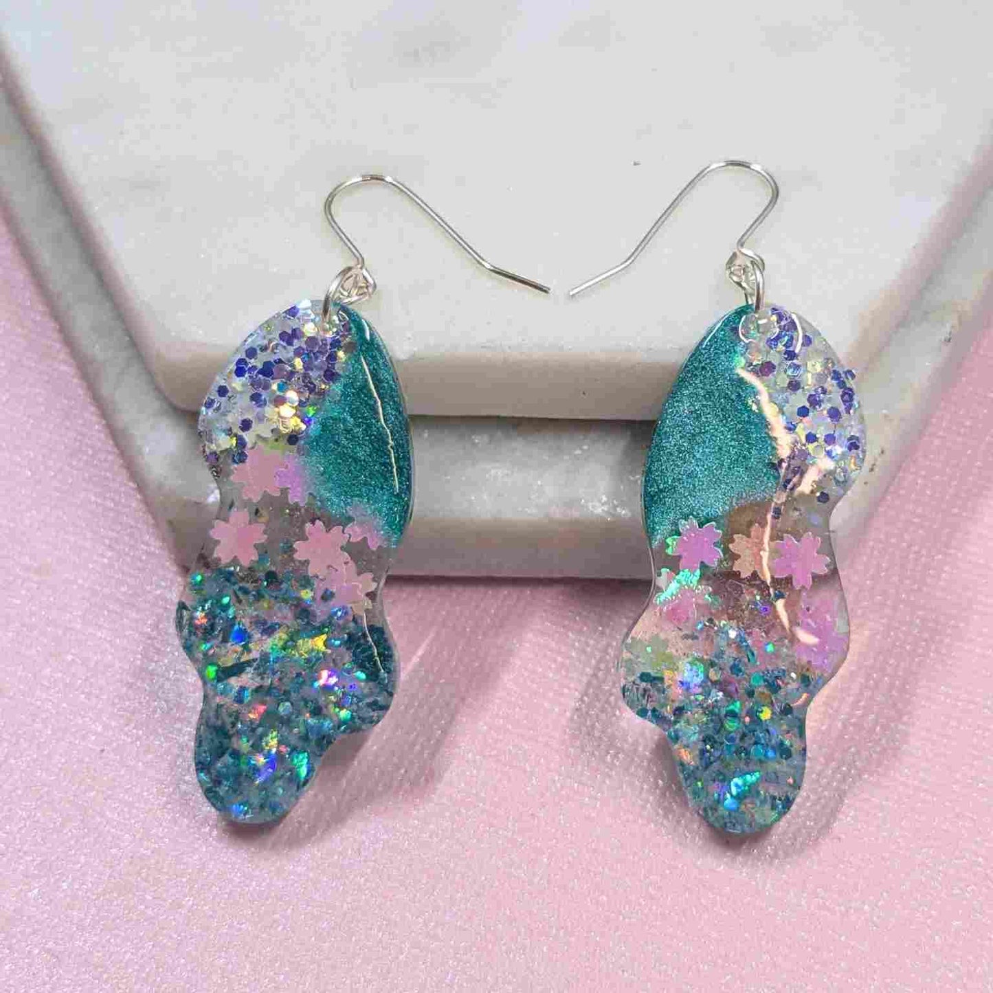 Billie Aqua Glitter Wavy Dangle Earrings - Handmade Silver UK Jewellery
