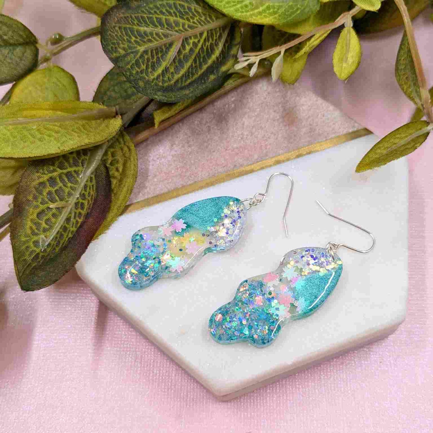 Billie Aqua Glitter Wavy Dangle Earrings - Handmade Silver UK Jewellery