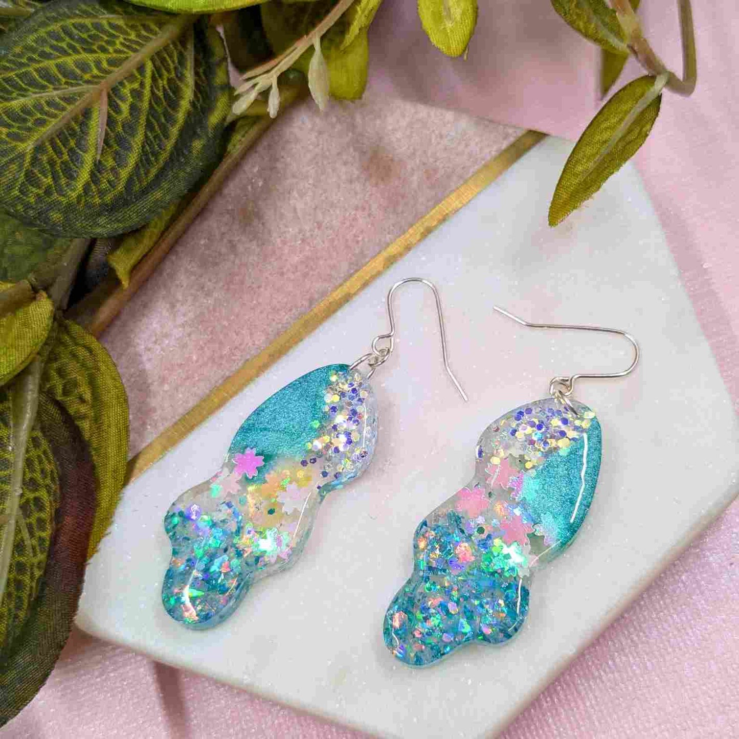 Billie Aqua Glitter Wavy Dangle Earrings - Handmade Silver UK Jewellery