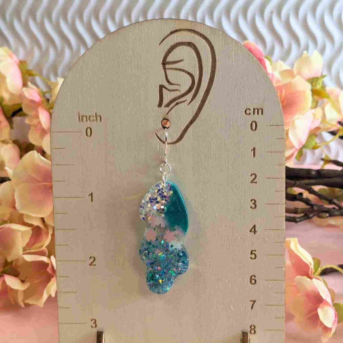 Billie Aqua Glitter Wavy Dangle Earrings - Handmade Silver UK Jewellery