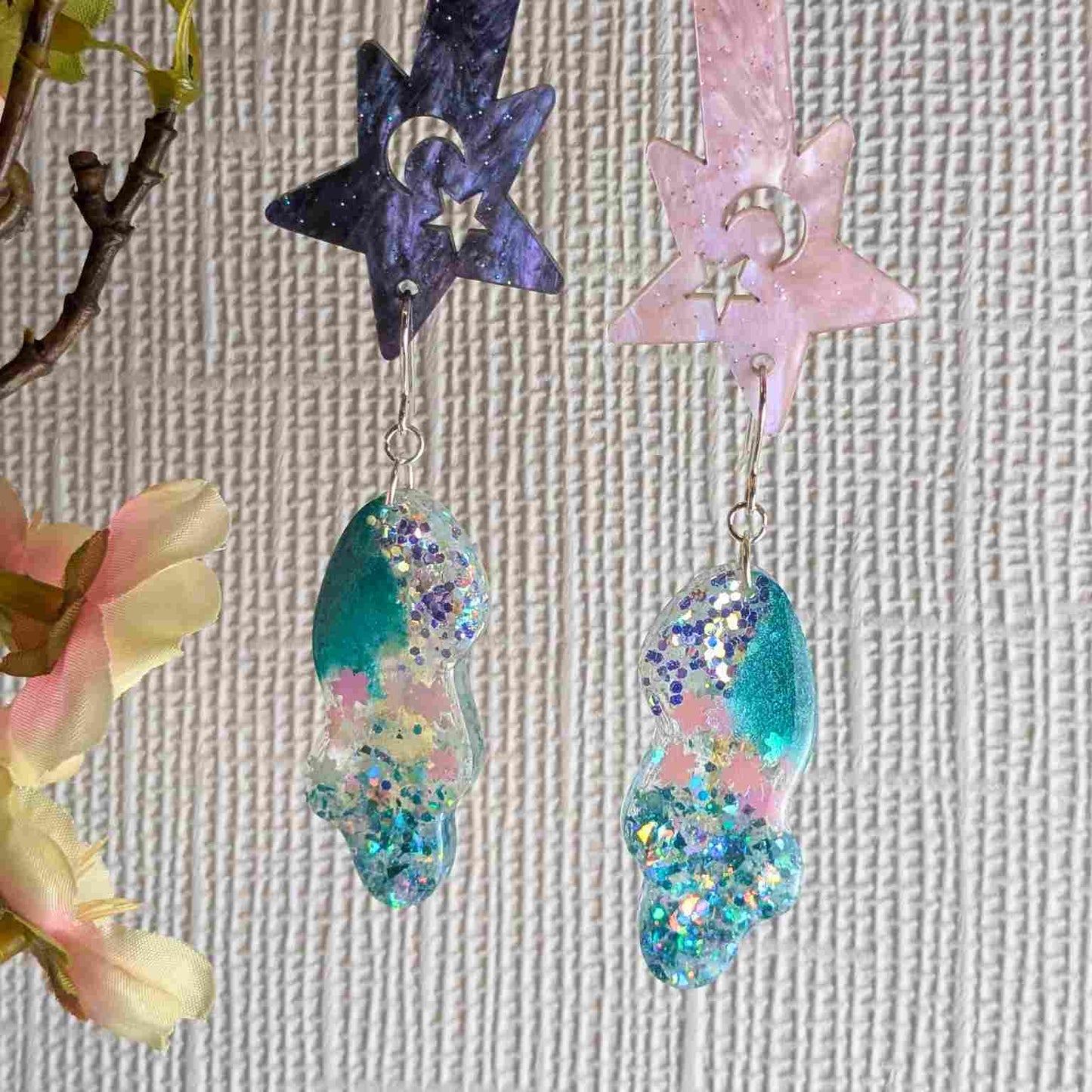 Billie Aqua Glitter Wavy Dangle Earrings - Handmade Silver UK Jewellery