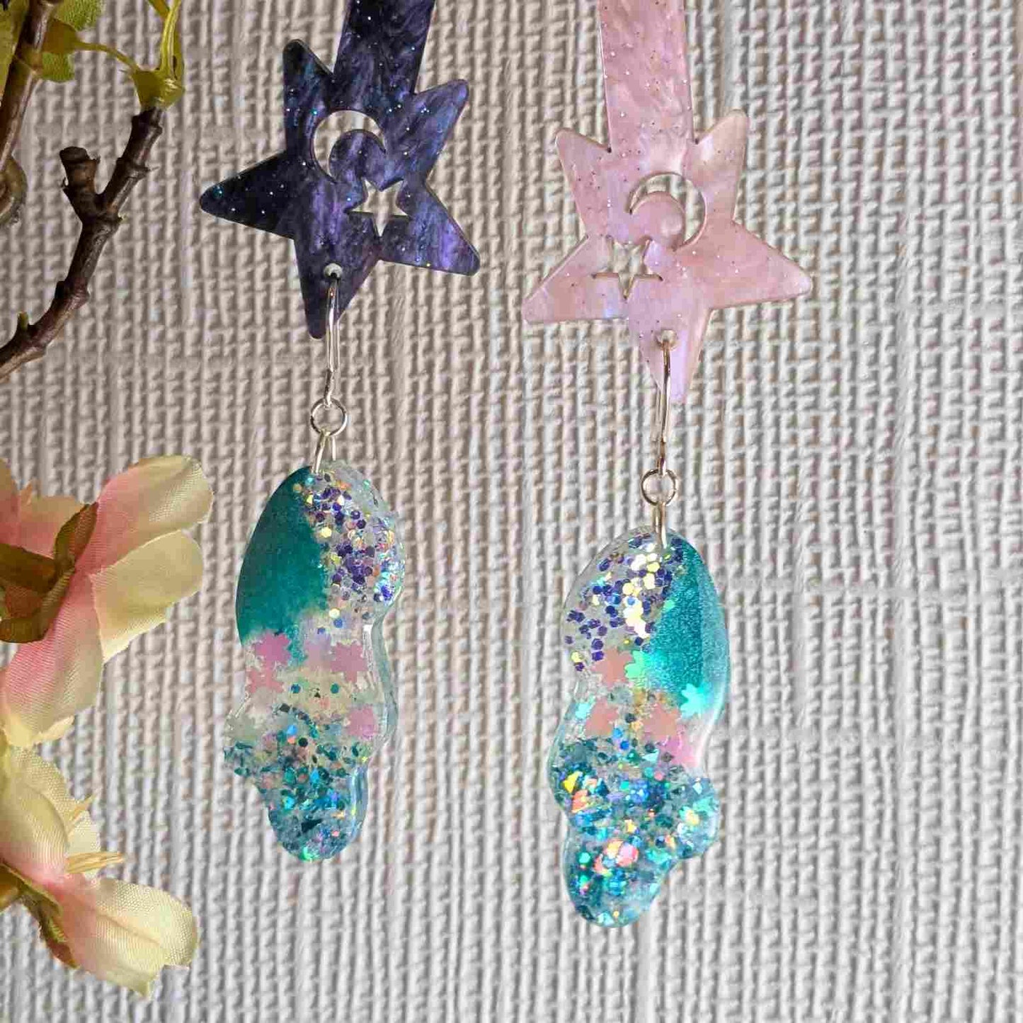Billie Aqua Glitter Wavy Dangle Earrings - Handmade Silver UK Jewellery
