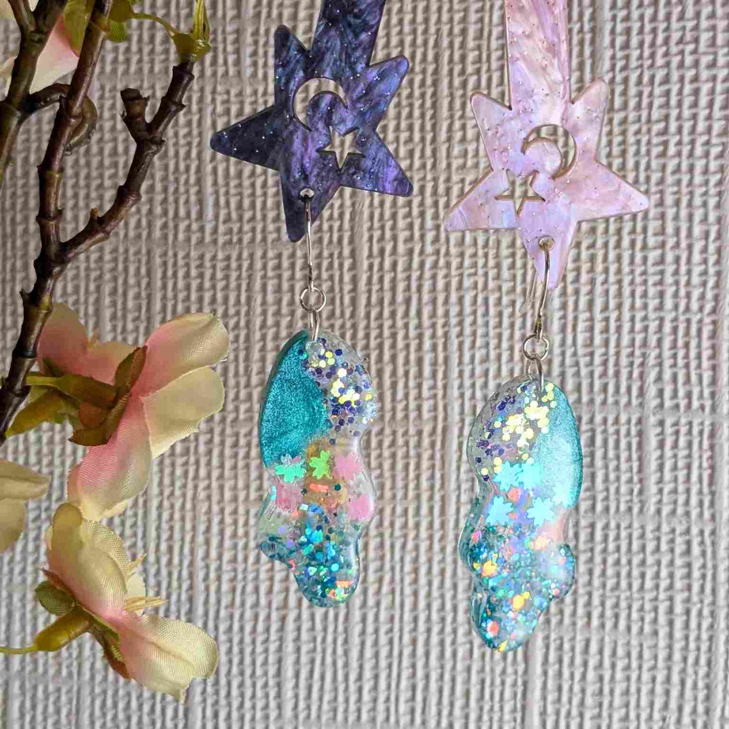Billie Aqua Glitter Wavy Dangle Earrings - Handmade Silver UK Jewellery