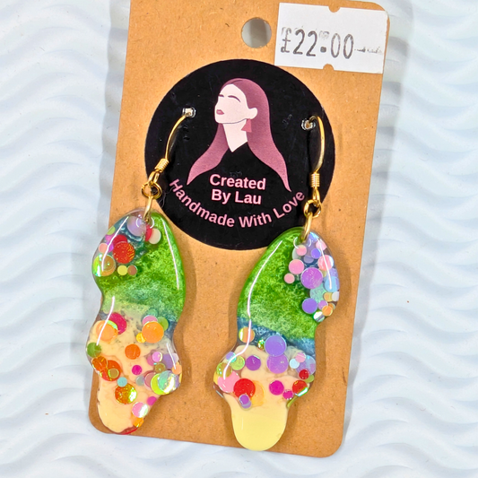 "Billie" Green & Yellow with Dottie Glitter Wavy Resin Dangles