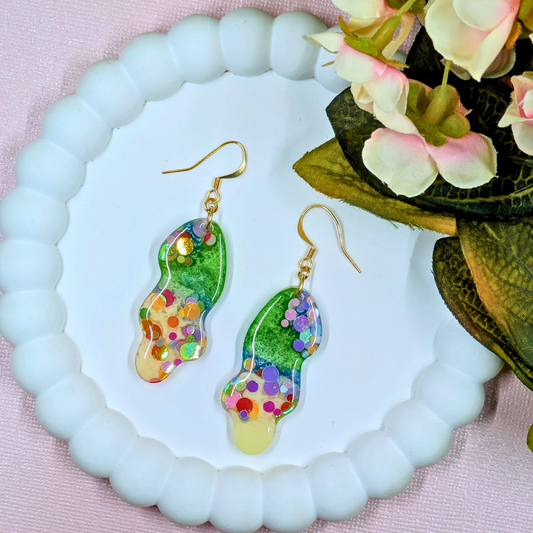 "Billie" Green & Yellow with Dottie Glitter Wavy Resin Dangles