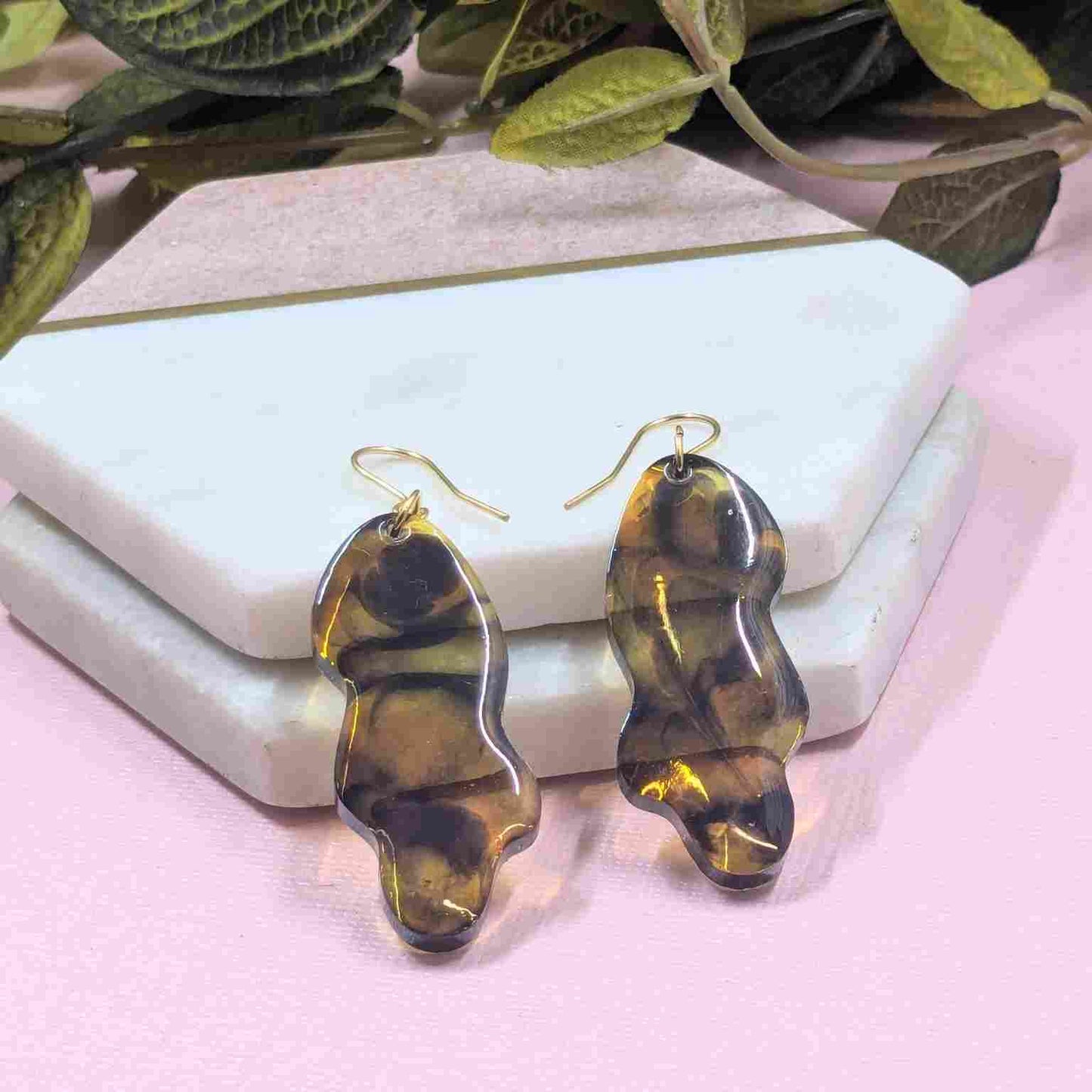 Close up of Billie Tortoiseshell Wavy Resin Dangle Earring - Handmade Yorkshire