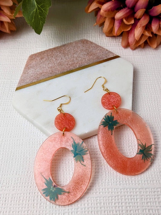 "Blakely" Turquoise Real Flowers on Metalic Sea Pink Dangle Earrings