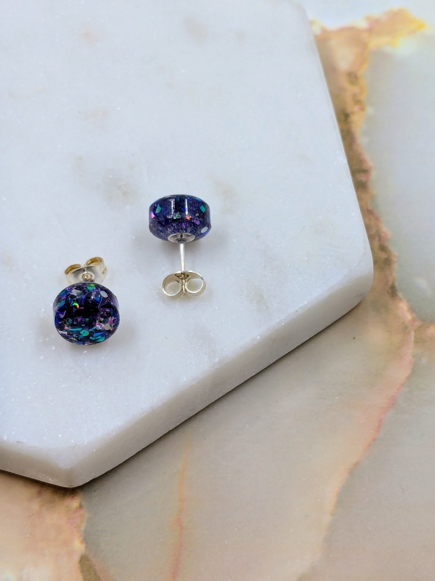 "Bridget" Amethyst Glitter Small Resin Stud Earrings