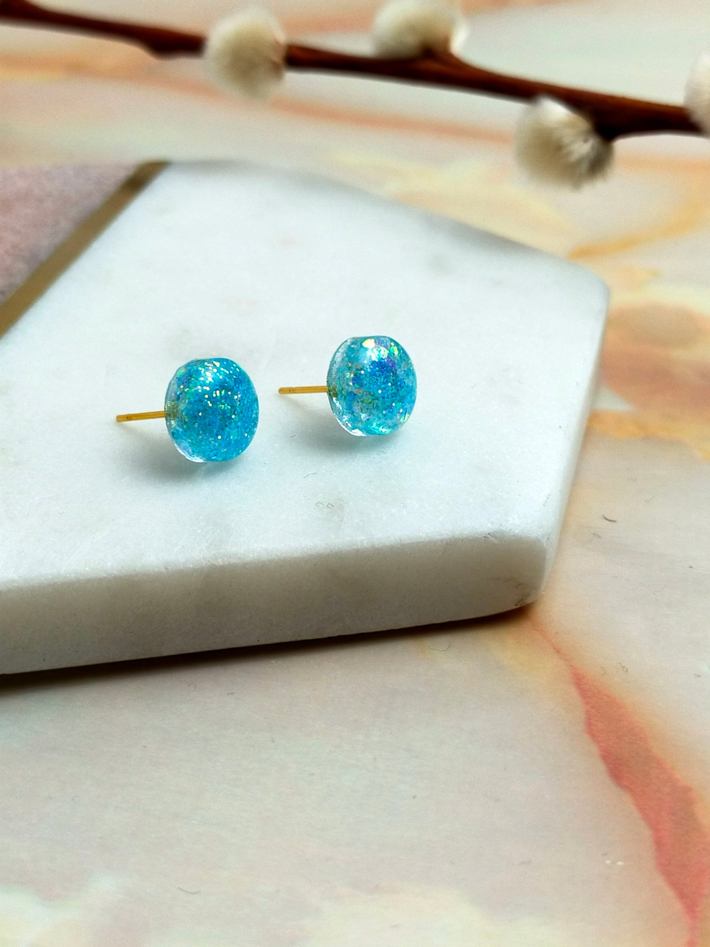 "Bridget" Cyan Blue Glitter Coloured Small Resin Stud Earrings