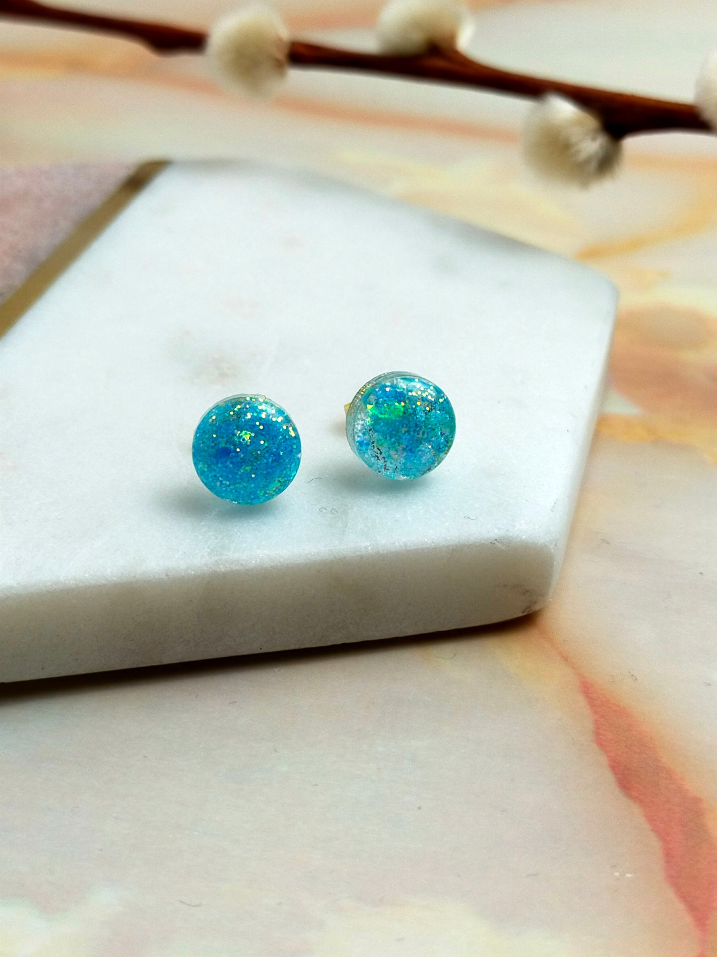 "Bridget" Cyan Blue Glitter Coloured Small Resin Stud Earrings