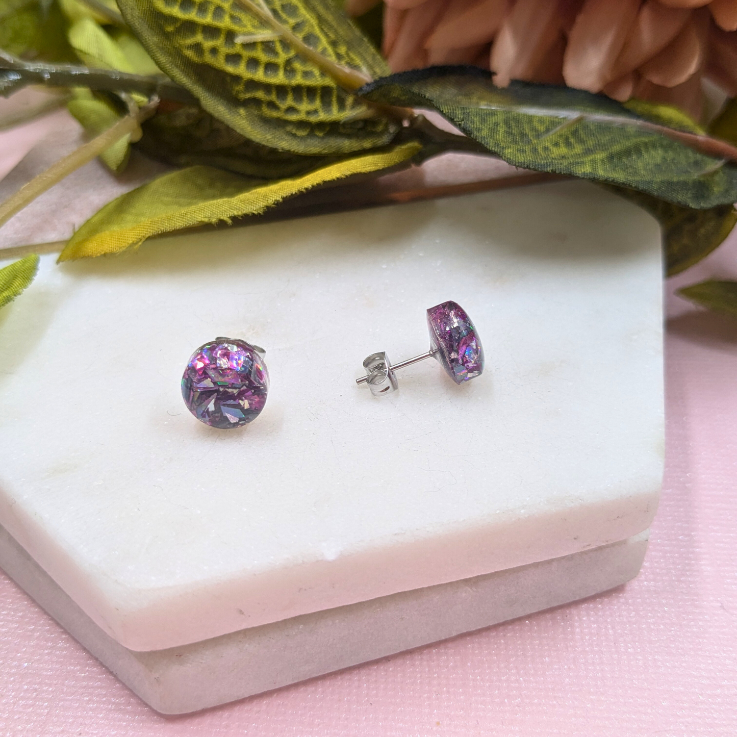 Pink & Blue Shard Glitter Resin Stud Earrings (Bridget) | Created By Lau