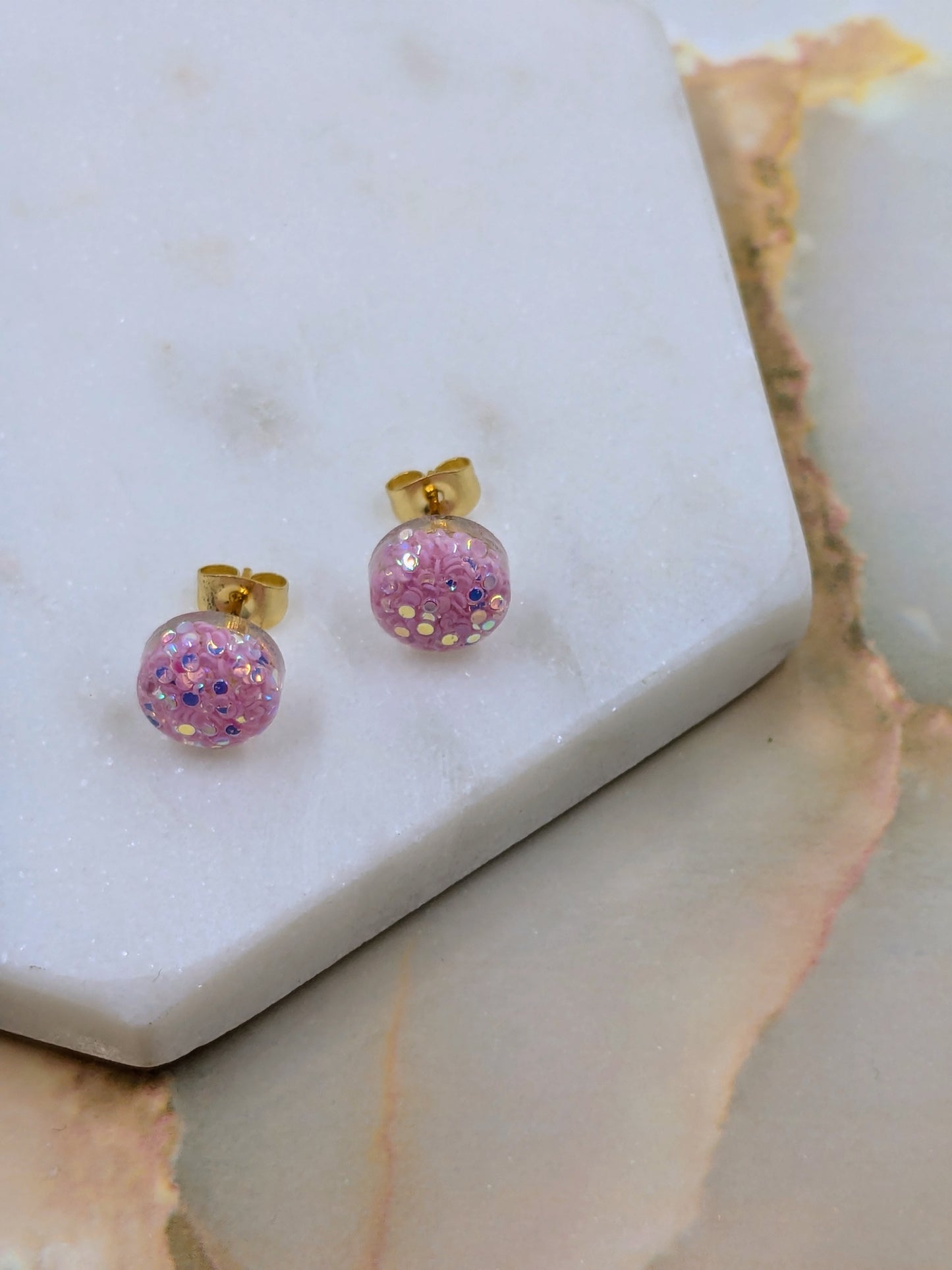 "Bridget" Pink Metallic Seed Glitter Coloured Small Resin Stud Earrings