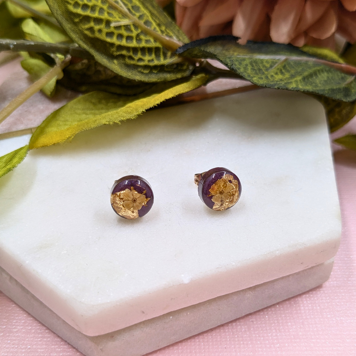 "Bridgette" Real Sambuca Flower with Gold Leaf Small Stud Earrings