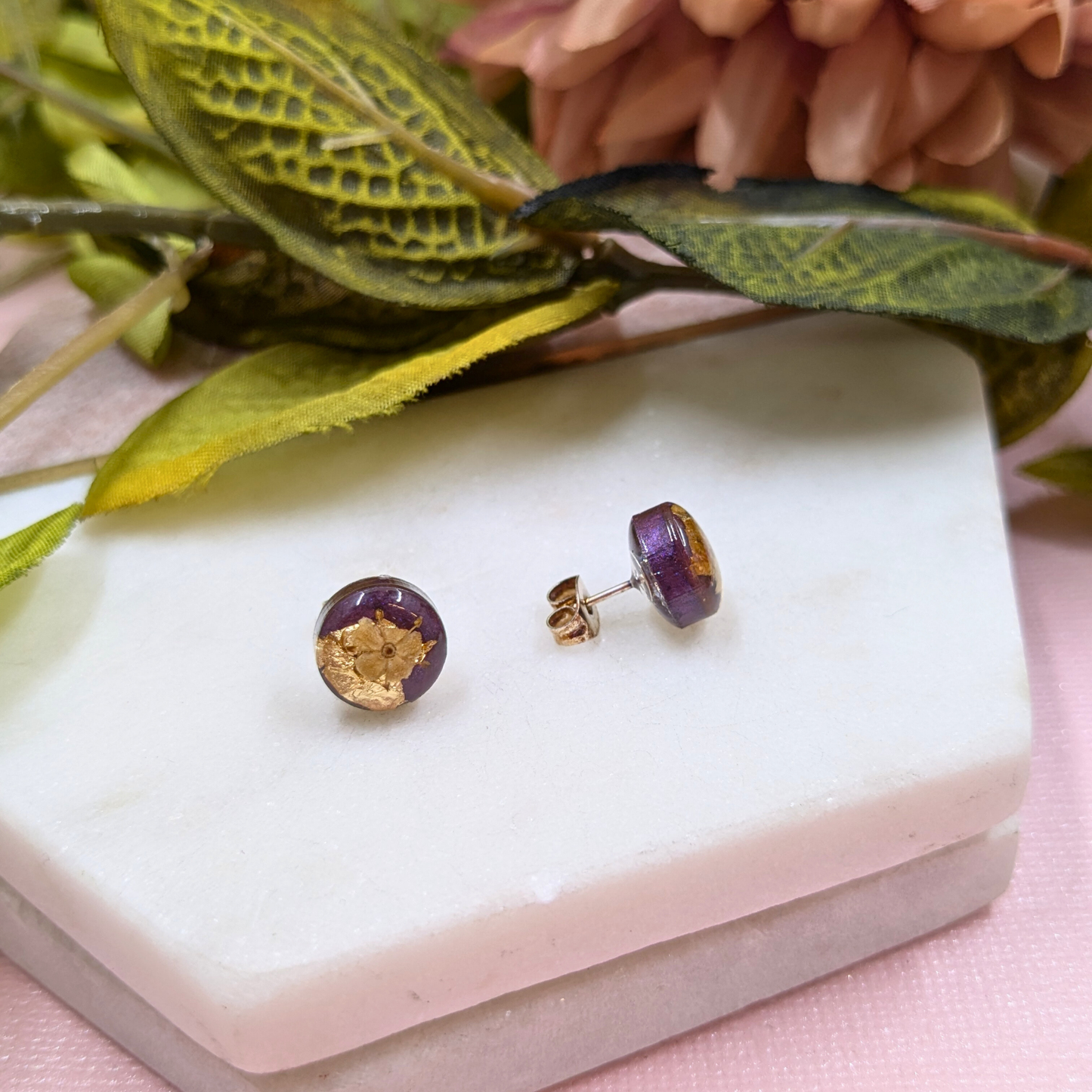 "Bridgette" Real Sambuca Flower with Gold Leaf Small Stud Earrings