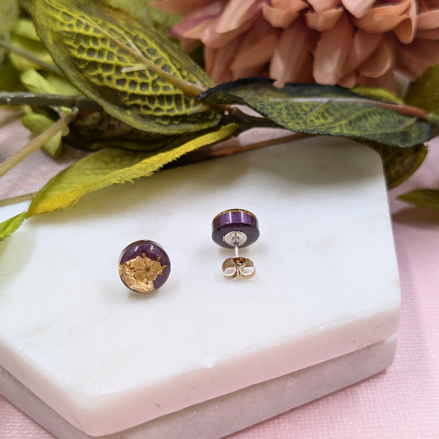 "Bridgette" Real Sambuca Flower with Gold Leaf Small Stud Earrings