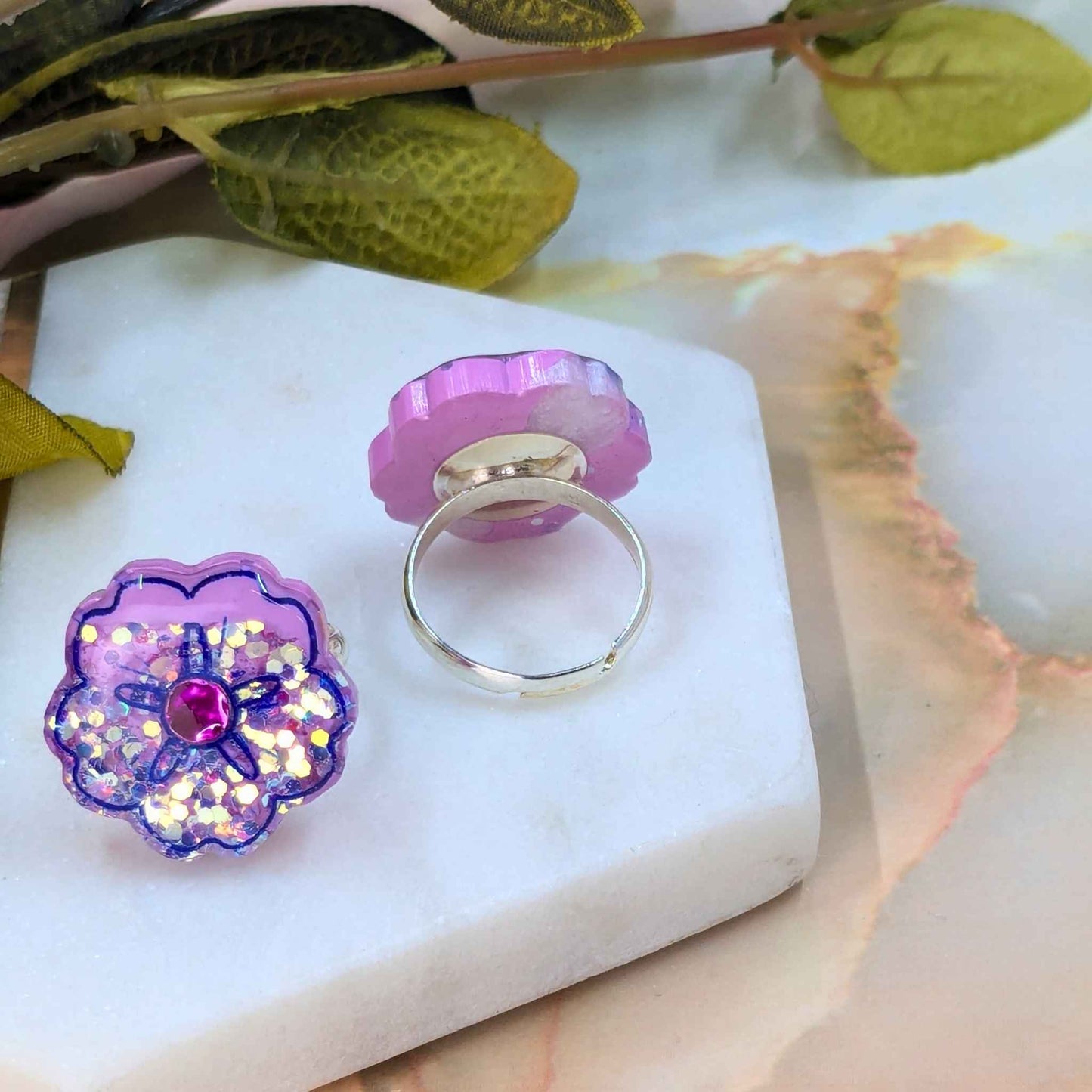 Brooke Glitter Mix Resin Flower Adjustable Ring | Handmade Statement Jewellery