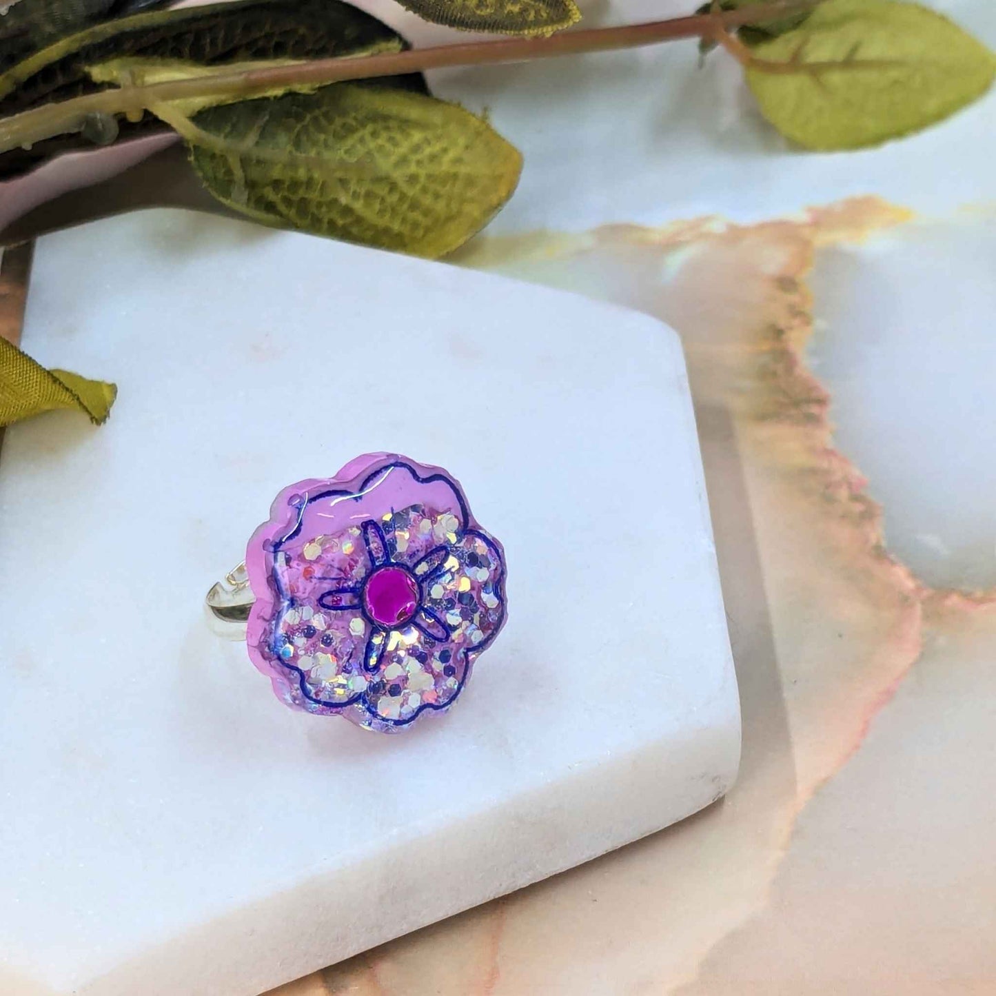 Brooke Glitter Mix Resin Flower Adjustable Ring | Handmade Statement Jewellery