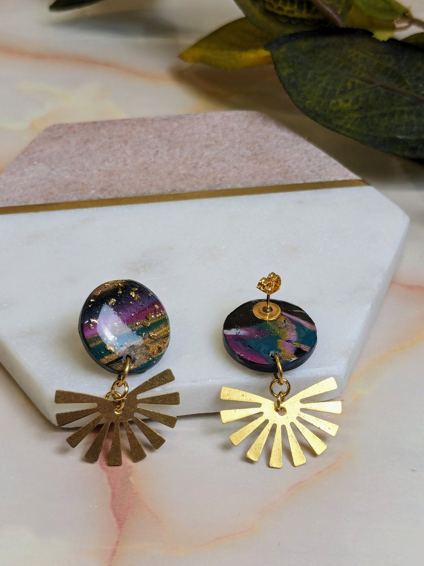 "Callie" Multi Coloured Polymer Clay Stud Dangle Earring with Sunrays - Two Thirds Sun Charm