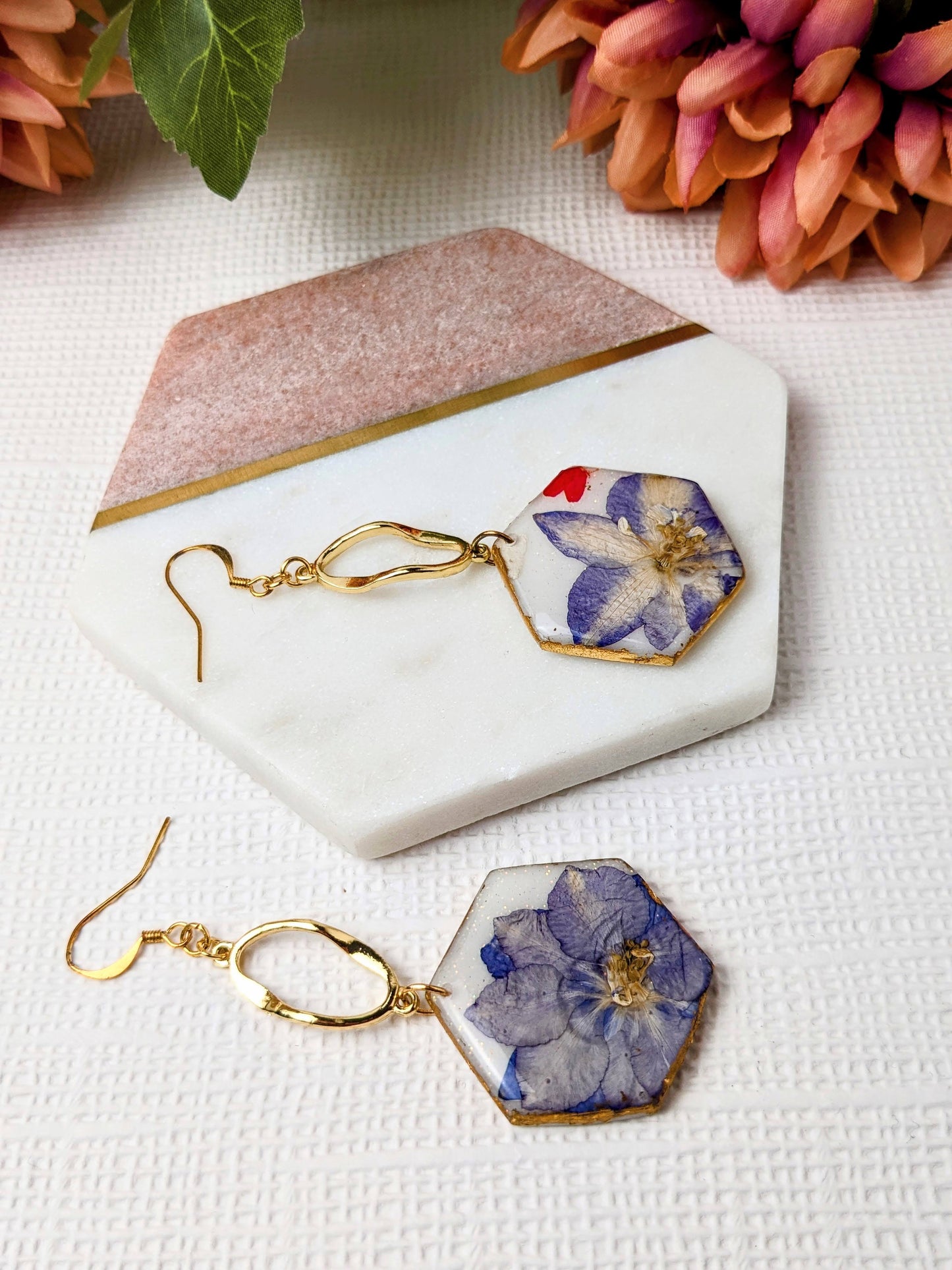 "Camellia" Purple Real Flower & Polymer Clay Hex Dangle Earrings