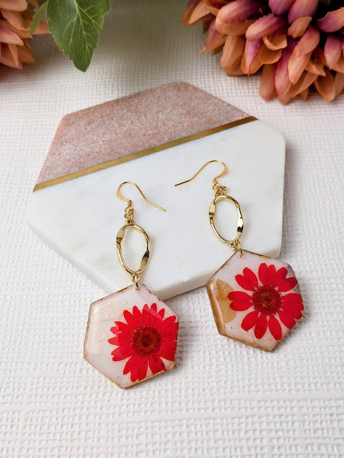 "Camellia" Red Real Flower & Polymer Clay Hex Dangle Earrings