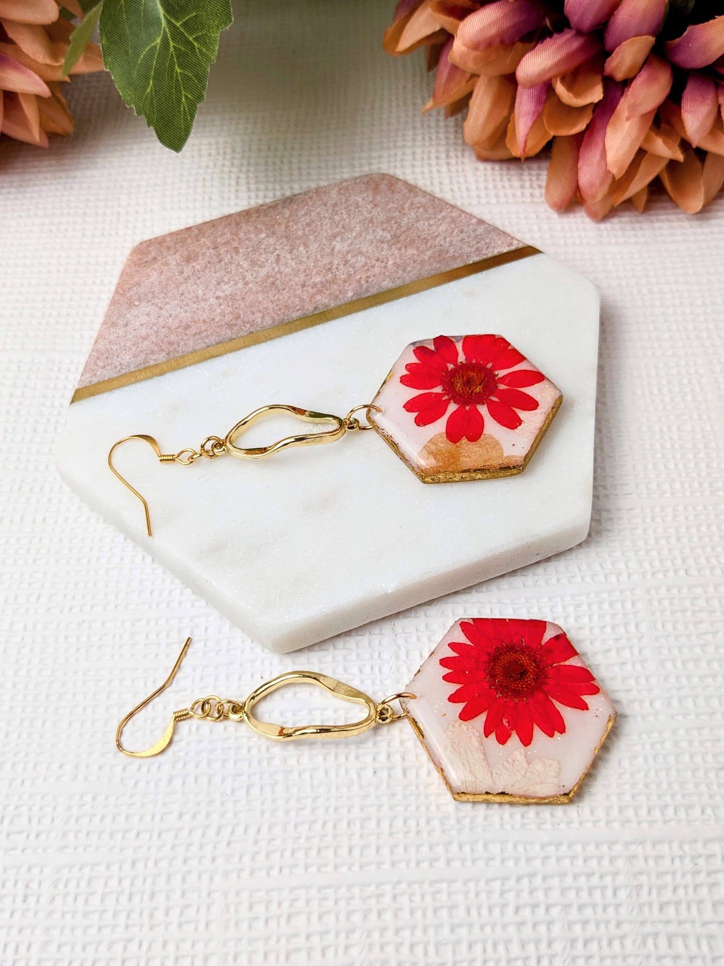 "Camellia" Red Real Flower & Polymer Clay Hex Dangle Earrings