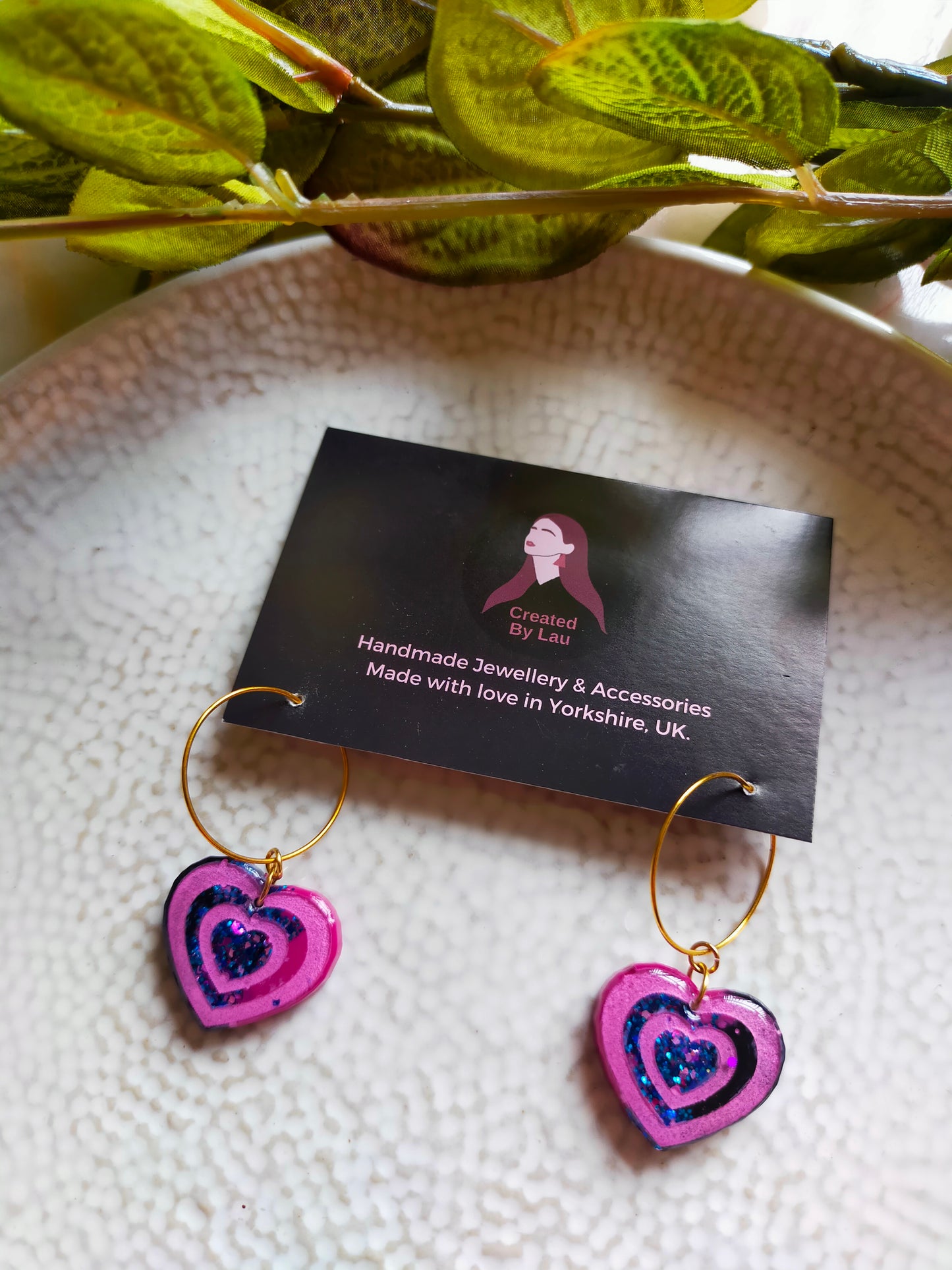 "Caro" Pink Glitter Resin Heart Hoop Earrings